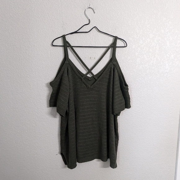 Torrid Knit Dark Green Cold Shoulder Sweater Top Short Sleeve Crossed Straps 4X - Picture 3 of 8